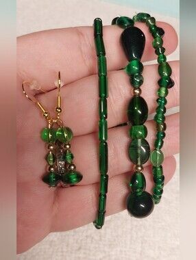 Handmade Green Glass Bead 3 Bracelets and Earring Set